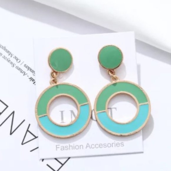 Mint Green and Turquoise Circle Dangle Earrings - Picture 1 of 2